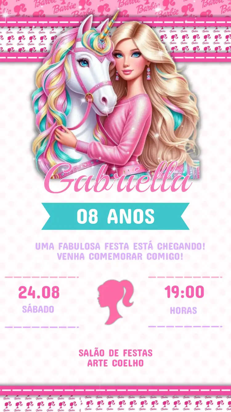 Invitation Barbie Kids Birthday Invitation – Kids' Birthday Party theme vibrant colors, playful style, Barbie elements, charming design, princess theme, festive atmosphere