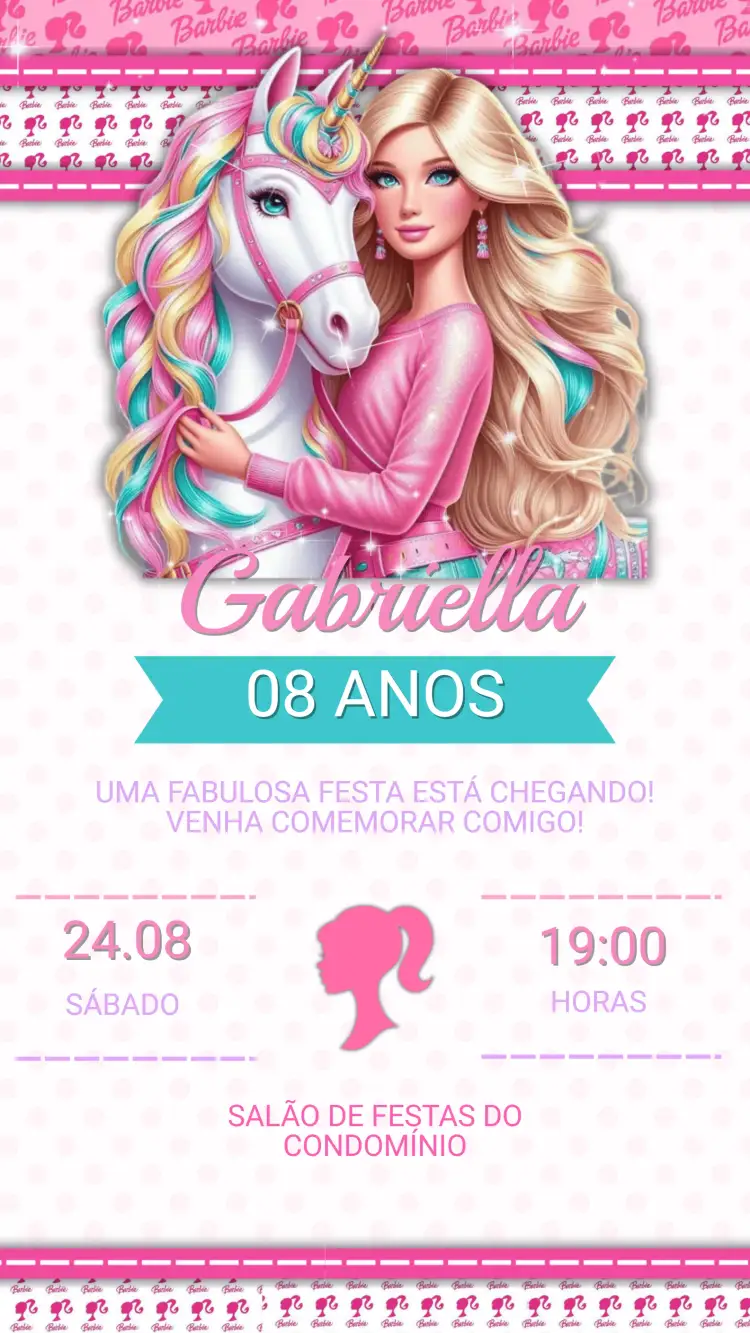 Convite Convite Aniversário Infantil Barbie – tema Aniversário Infantil cores pastel, brilho, estilo moderno, elementos gráficos divertidos, tema Barbie, design encantador