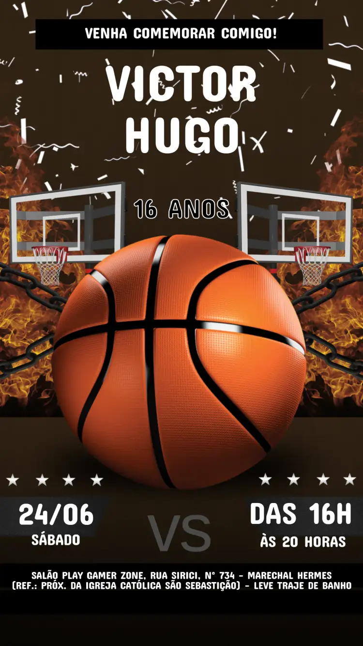 Convite Convite Aniversario Infantil BASQUETE – tema Aniversário Infantil cores vibrantes, estilo esportivo, elementos gráficos de basquete, design alegre, temática divertida
