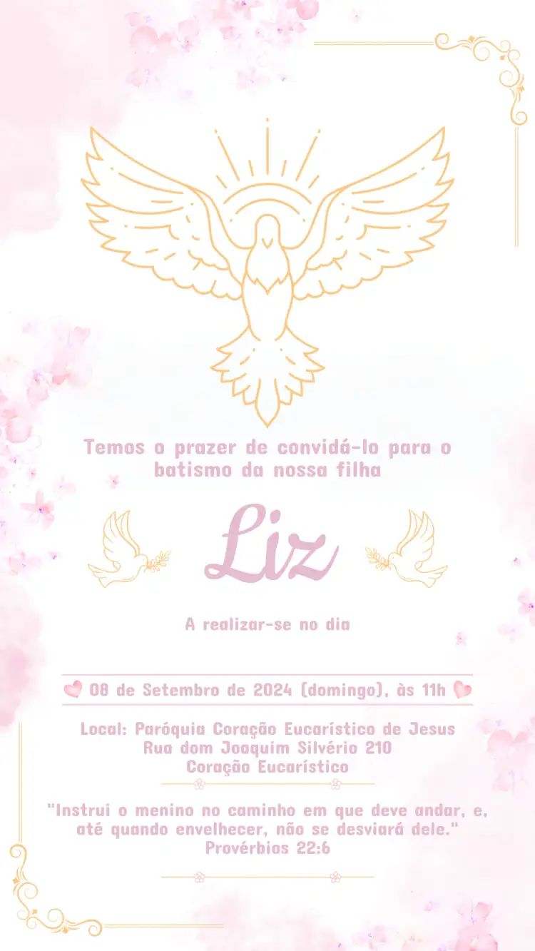 Invitation Convite Aniversário Infantil Batizado Rosa – Batizado theme rosa suave, floral, minimalista, romântico, infantil, doce