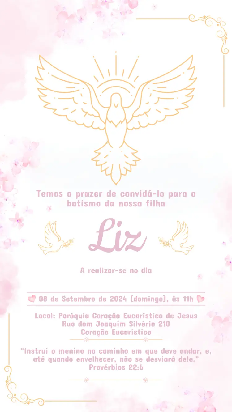 Convite Convite Aniversário Infantil Batizado Rosa editável e personalizável