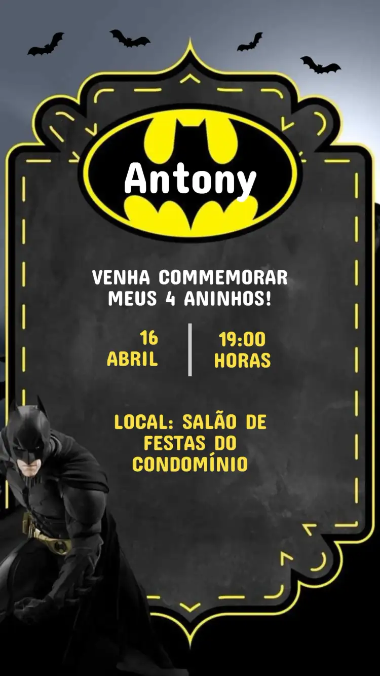Invitación Invitación Cumpleaños Infantil Batman – tema Cumpleaños Infantil temática de Batman, colores vibrantes, estilo divertido, elementos gráficos de superhéroe, diseño moderno, inspirado en cómics