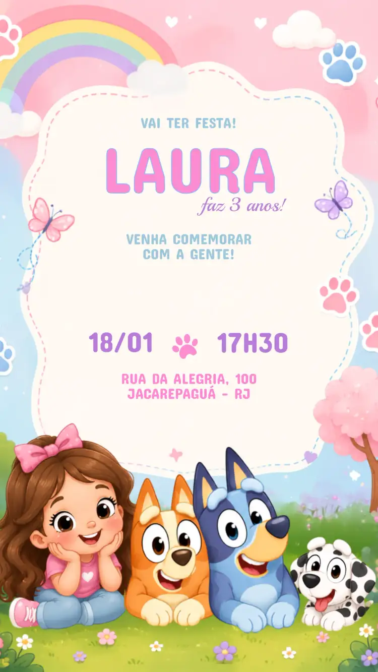 Convite Convite Aniversário Infantil Bluey – tema Aniversário Infantil colorido, divertido, infantil, tema de desenho animado, moderno