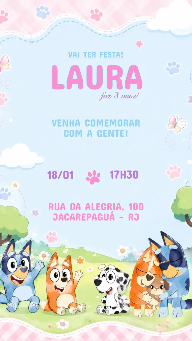 Convite Aniversário Infantil Bluey