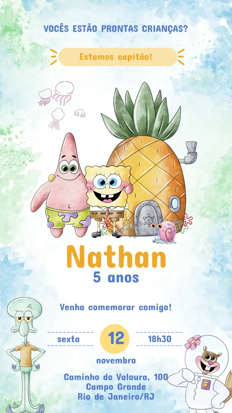 Convite Convite Aniversario Infantil BOB ESPONJA – tema Aniversário Infantil marinho, colorido, divertido, infantil, tropical