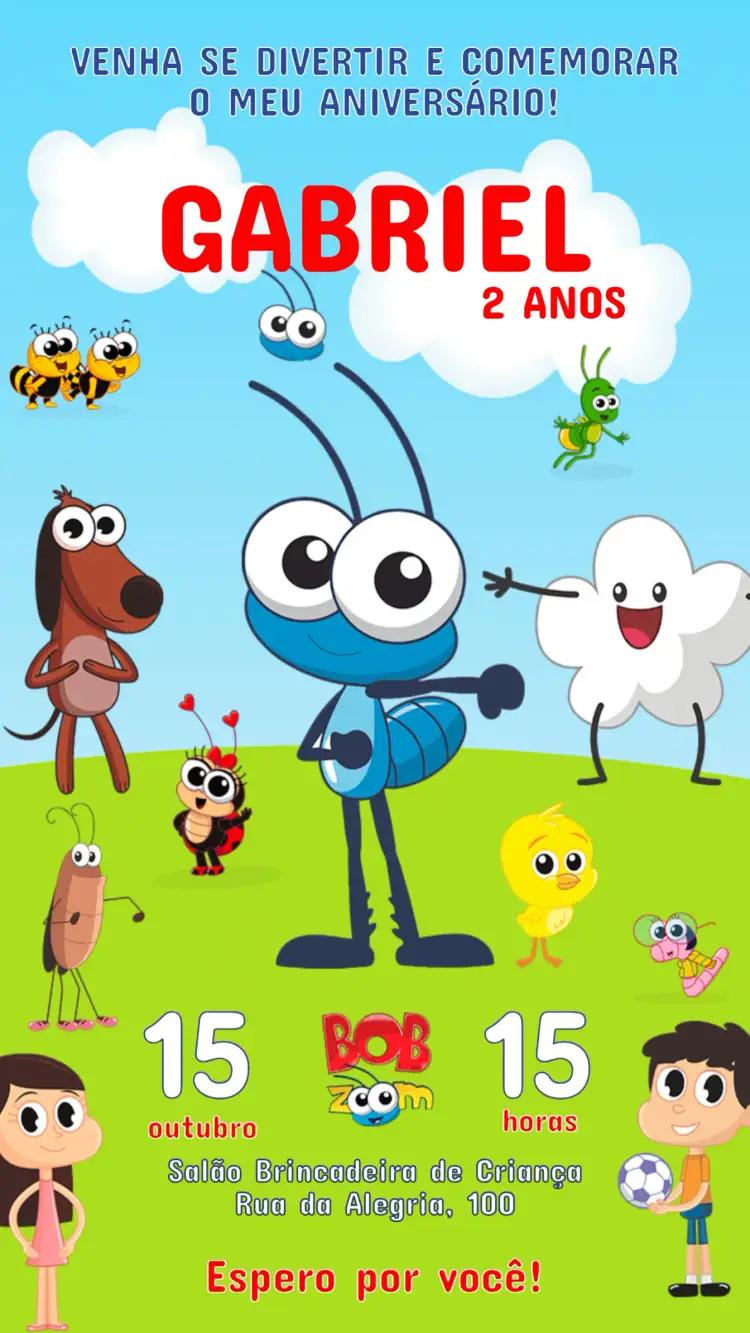 Convite Convite Aniversario Infantil BOB ZOOM – tema Aniversário Infantil colorido, divertido, moderno, temático, infantil