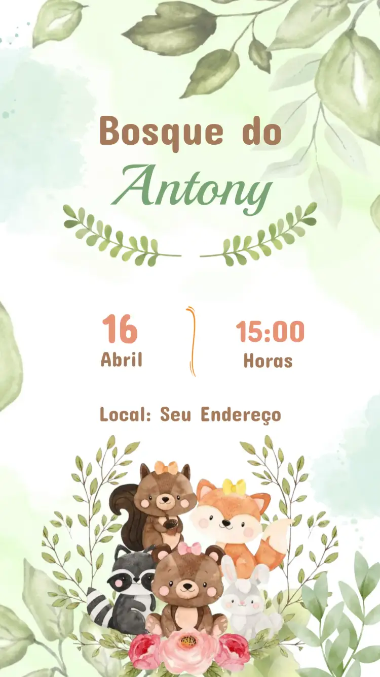 Invitación Invitación Cumpleaños Infantil Bosque Encantado – tema Cumpleaños Infantil colores vibrantes, elementos naturales, fantasía, ilustraciones lúdicas, diseño alegre, estilo infantil
