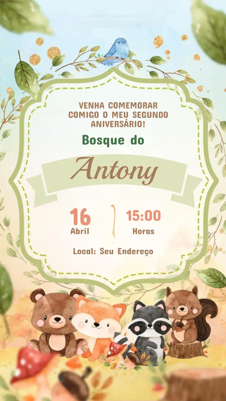 Convite Convite Aniversário Infantil Bosque Encantado – tema Aniversário Infantil cores vibrantes, elementos da natureza, ilustrações lúdicas, estilo encantado, design divertido, atmosfera mágica