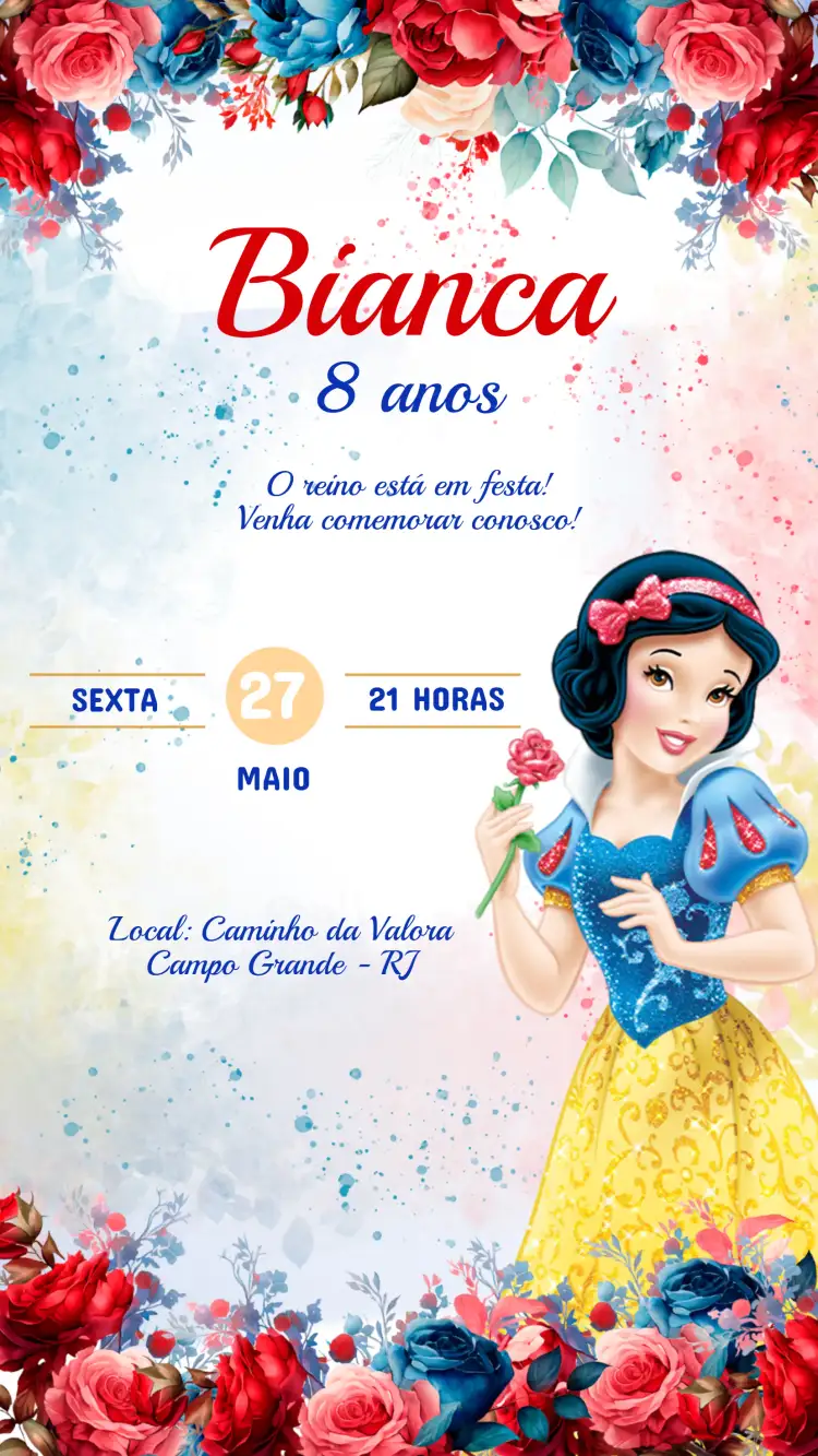 Invitación Invitación Cumpleaños Infantil BLANCANIEVES – tema Cumpleaños Infantil colores vibrantes, estilo lúdico, elementos de cuento de hadas, ilustraciones infantiles, tema mágico, bosque encantado