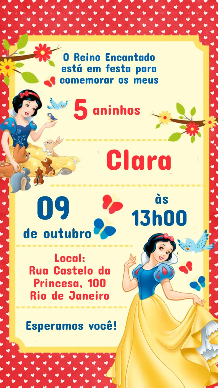 Invitation Children's Birthday Invitation SNOW WHITE – Kids' Birthday Party theme vibrant colors, fairytale style, princess graphic elements, romantic, playful, cheerful