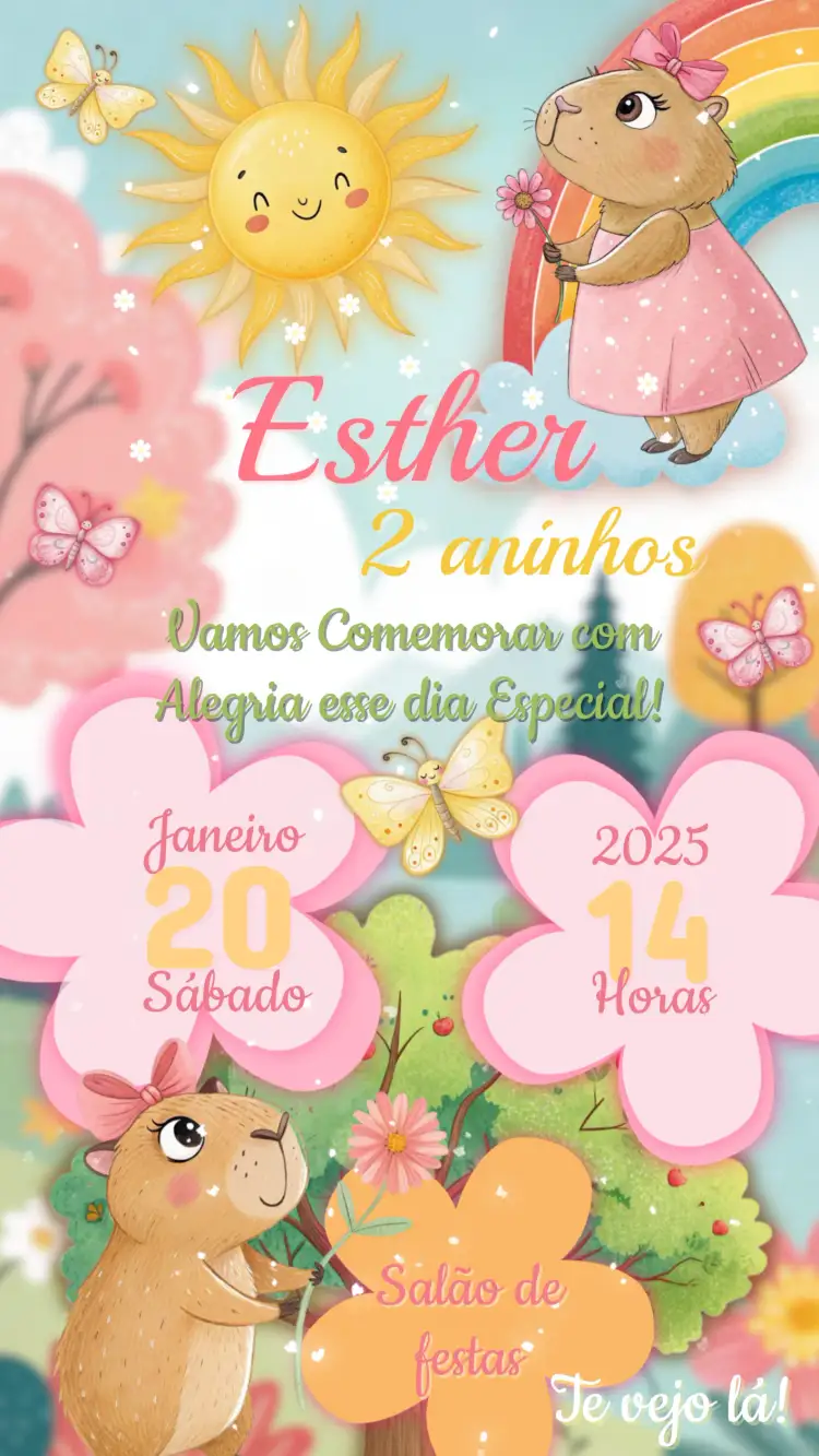 Convite Convite Aniversário Infantil Capivara – tema Aniversário Infantil colorido, divertido, natureza, ilustrações infantis, animais, alegre