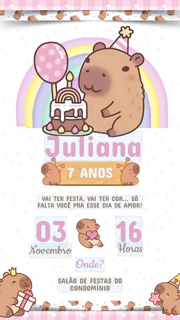Convite Convite Aniversário Infantil Capivara – tema Aniversário Infantil colorido, lúdico, tropical, divertido, ilustrações de animais, estilo moderno