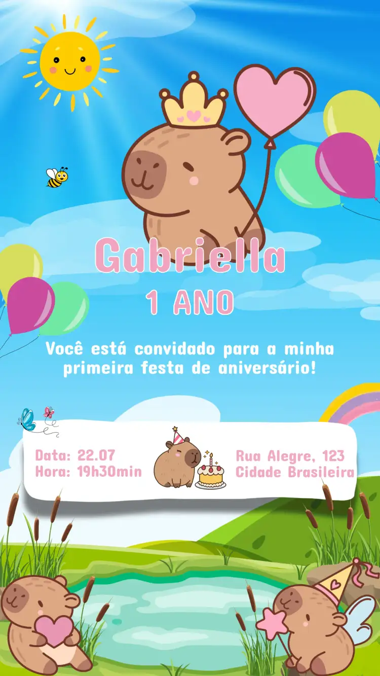 Convite Convite Aniversário Infantil Capivara – tema Aniversário Infantil colorido, divertido, ilustrações de animais, tropical, brincalhão, infantil