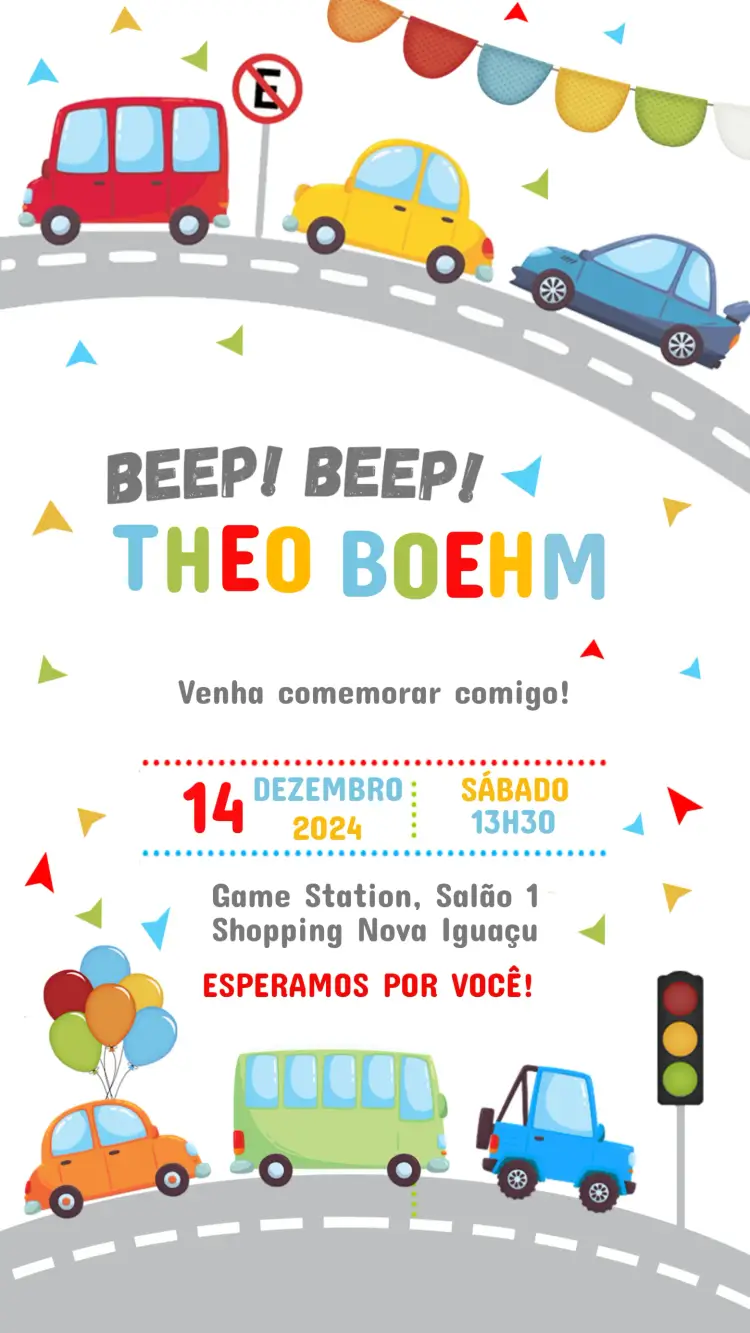 Convite Aniversário Infantil CARRINHOS