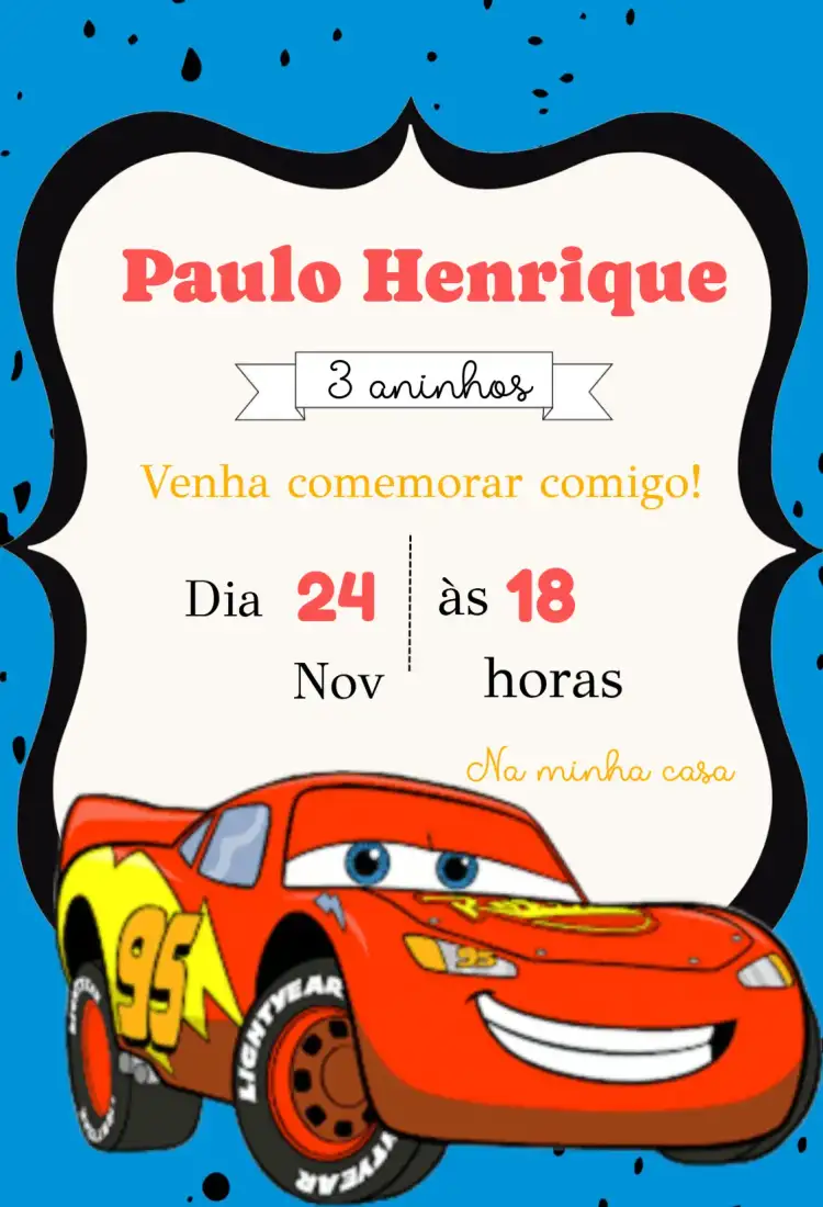 Convite aniversário infantil Carros