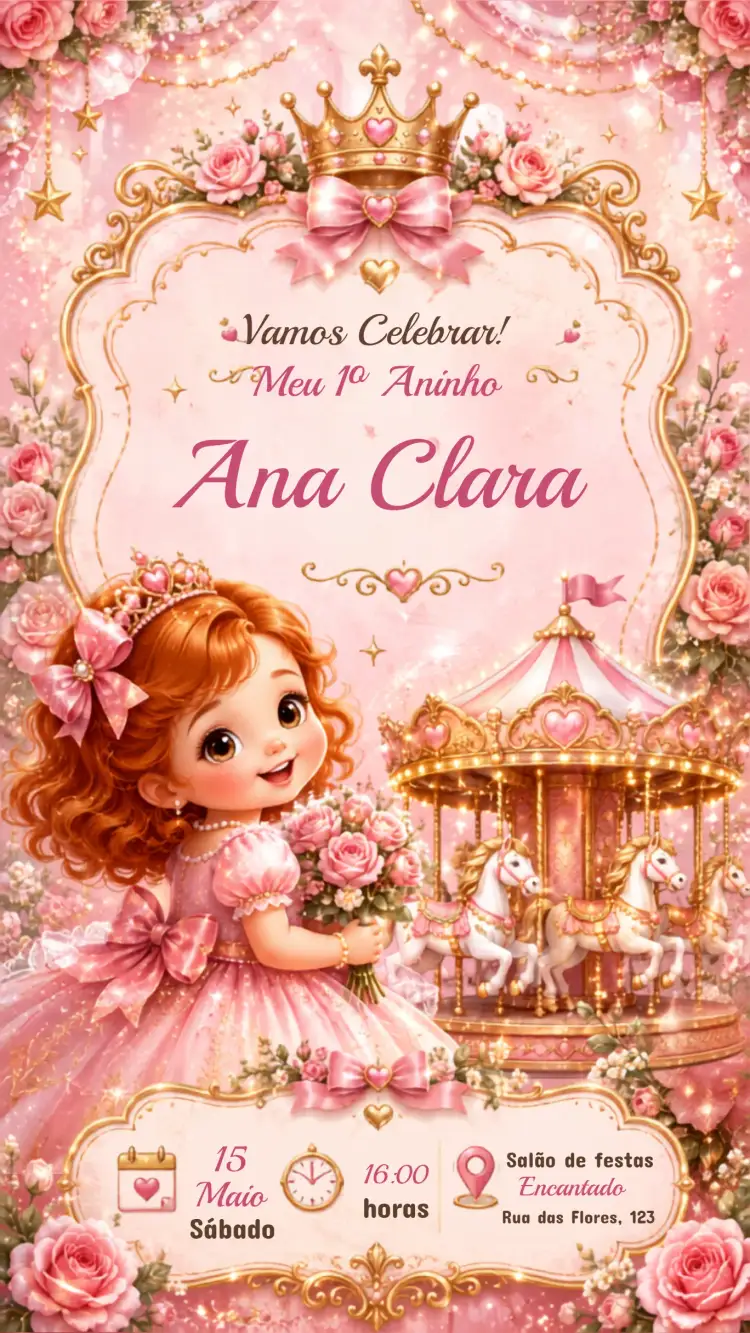 Convite Convite Aniversário Infantil Carrossel Encantado – tema Aniversário Infantil colorido, lúdico, fantasia, vibrante, divertido, encantado