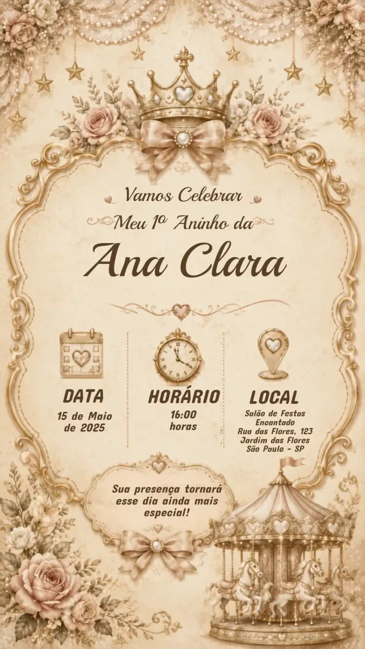 Convite Aniversário Infantil Carrossel Encantado elegante