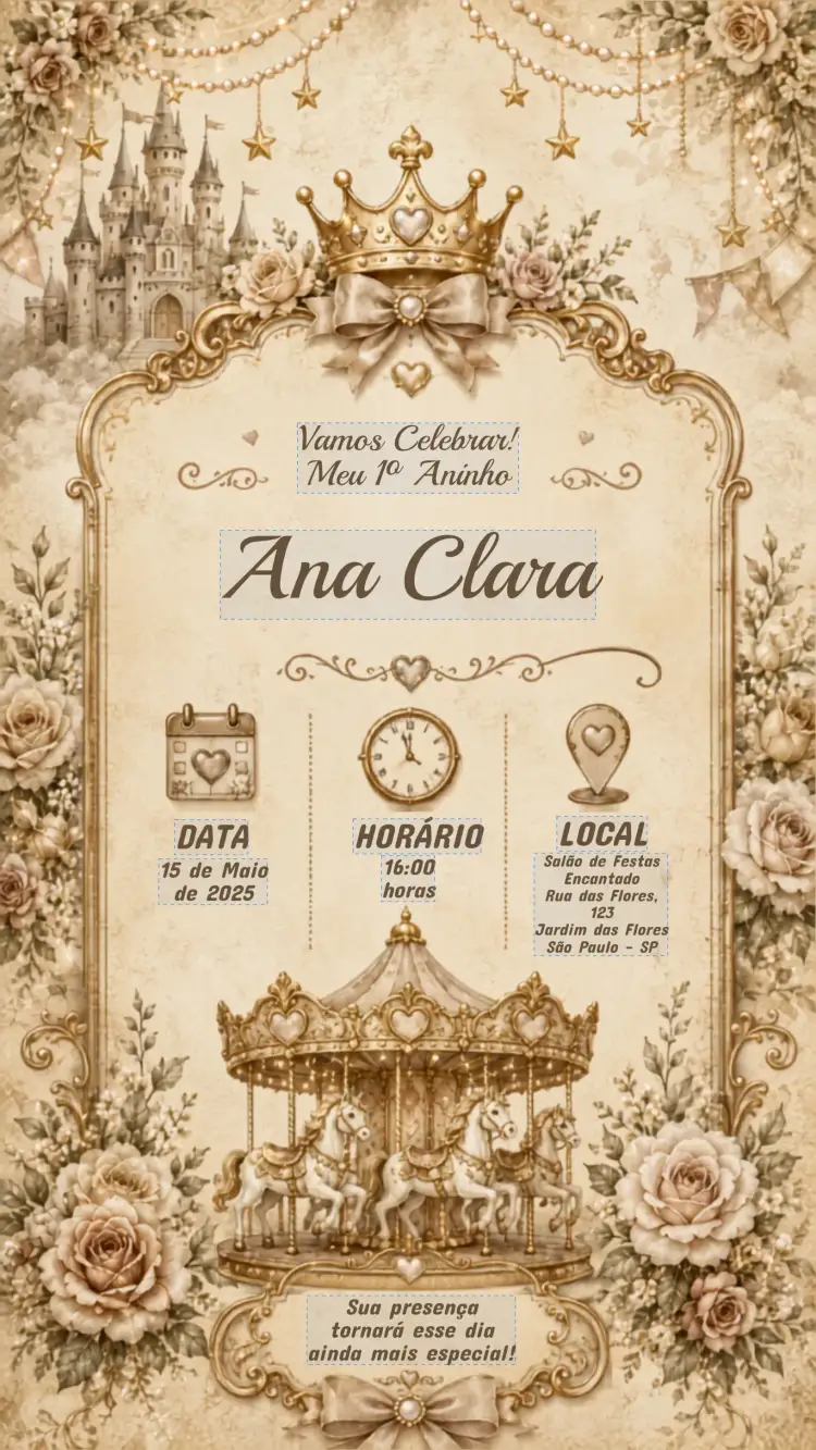 Convite Convite Aniversário Infantil Carrossel Encantado luxo – tema Aniversário Infantil encantado, colorido, lúdico, vintage, moderno