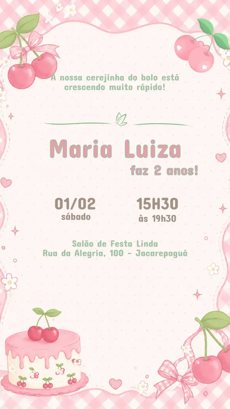 Children's Birthday Invitation Cherry Cake