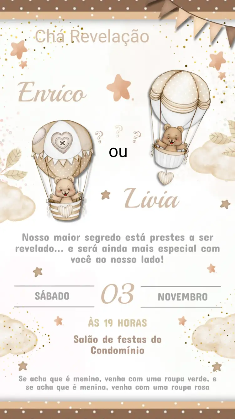 Convite Convite Aniversário Infantil Chá Revelação Neutro – tema Aniversário Infantil neutro, pastel, moderno, divertido, minimalista, ilustrações infantis