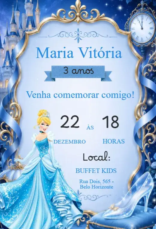 Convite Convite aniversário infantil Cinderela – tema Aniversário Infantil mágico, conto de fadas, pastel, brilhante, colorido, romântico