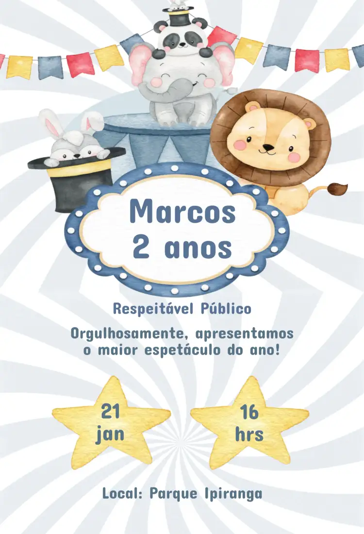 Invitation Convite Aniversário Infantil Circo – Aniversário Infantil theme colorido, divertido, lúdico, vintage, festivo, circense