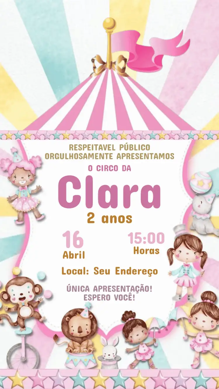 Invitation Convite Aniversário Infantil Circo – Aniversário Infantil theme colorido, lúdico, divertido, vibrante, circense, festivo