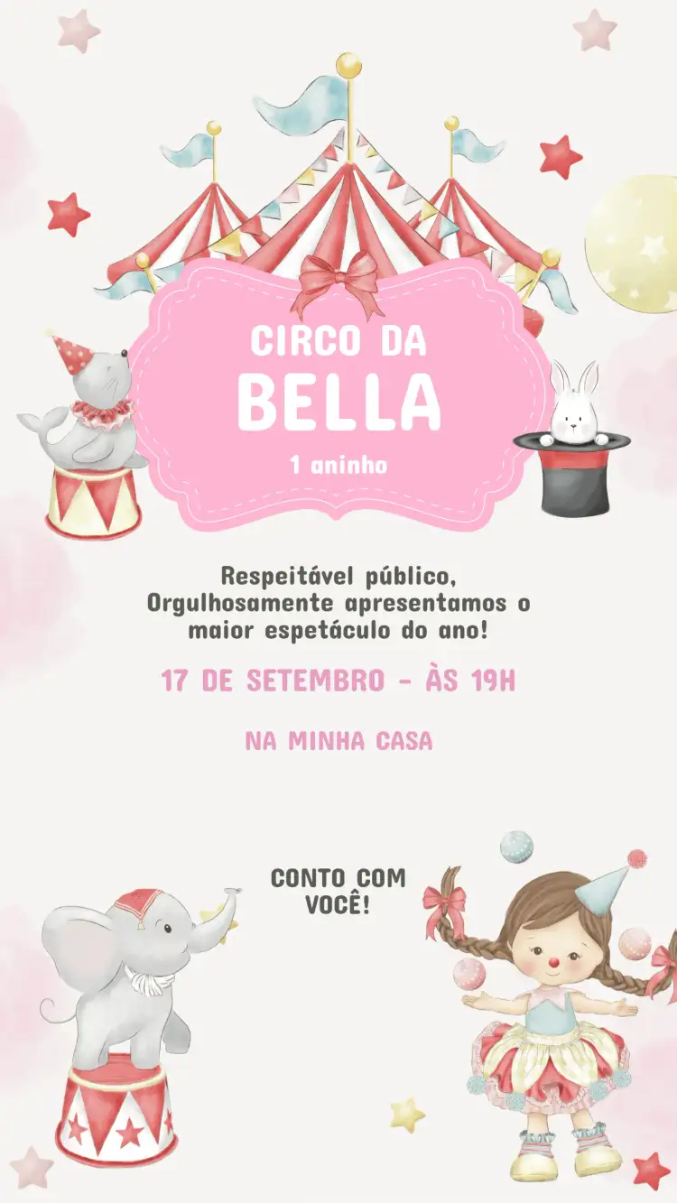 Invitation Convite Aniversário Infantil Circo – Aniversário Infantil theme colorido, divertido, ilustrações de circo, estilo cartoon, brincalhão