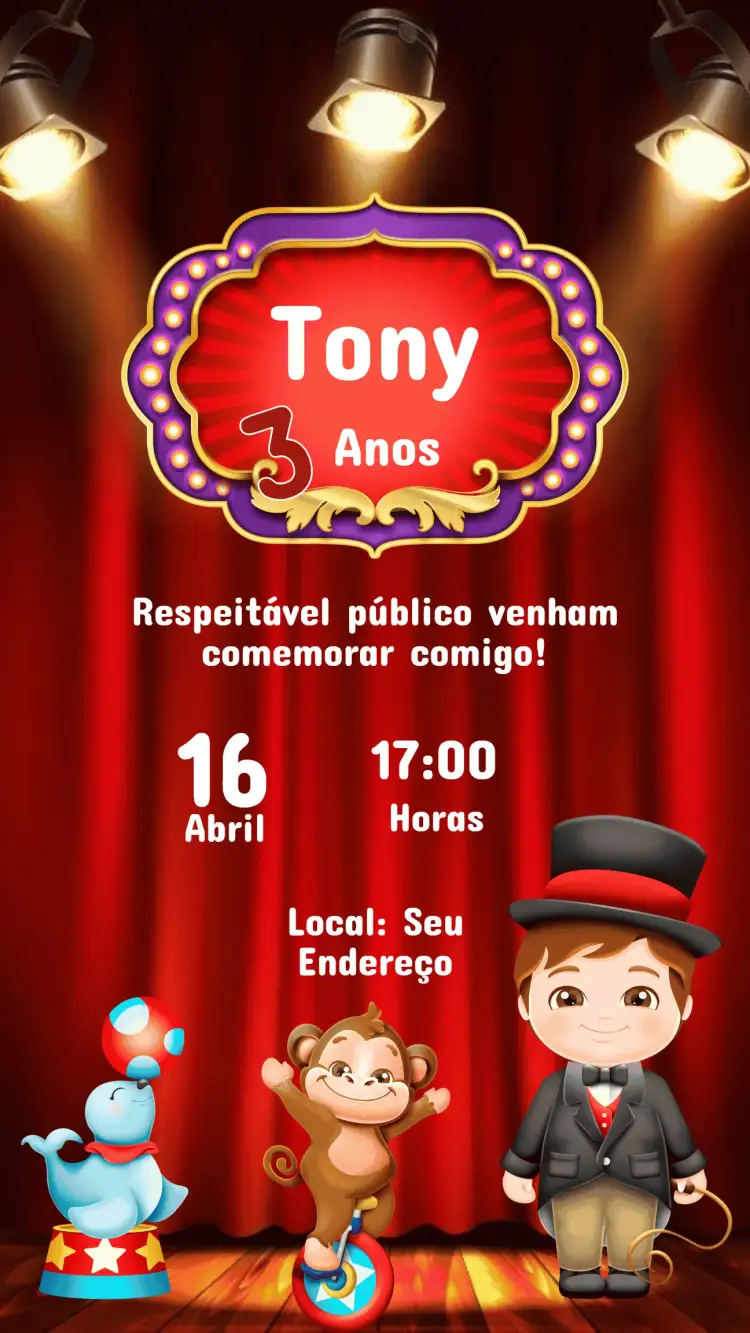 Invitación Convite Aniversário Infantil Circo – tema Aniversário Infantil colorido, divertido, circense, brincalhão, ilustrações animadas