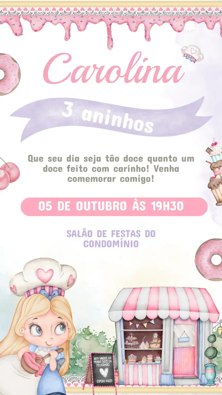 Convite Convite Aniversário Infantil Confeitaria – tema Aniversário Infantil cores pastel, estilo divertido, elementos de doces, ilustrações coloridas, design moderno, tema festivo