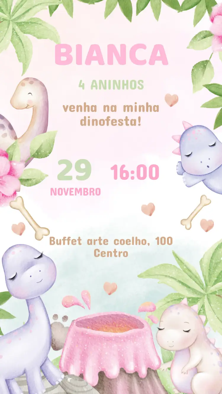 Invitación Invitación Cumpleaños Infantil Dinosaurio Niña – tema Cumpleaños Infantil colores pasteles, dinosaurios adorables, ilustraciones lúdicas, estilo moderno, tema divertido, elementos gráficos coloridos