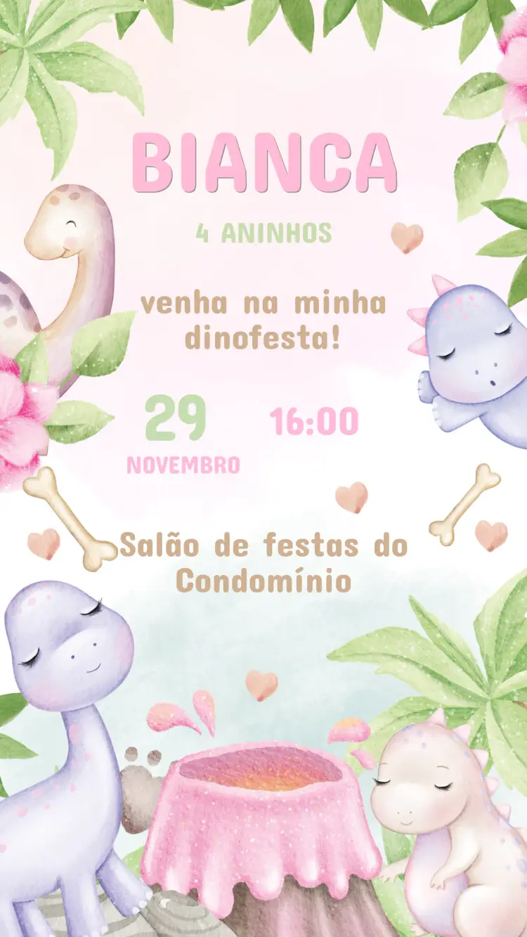Convite Aniversário Infantil Dinossauro Menina
