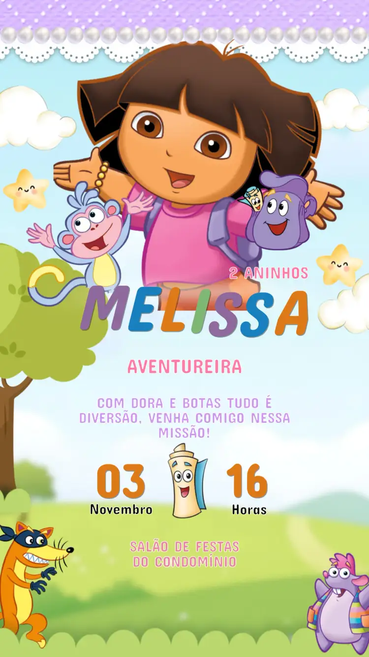 Convite Convite Aniversário Infantil Dora Aventureira – tema Aniversário Infantil colorido, lúdico, infantil, aventura, divertido, temático