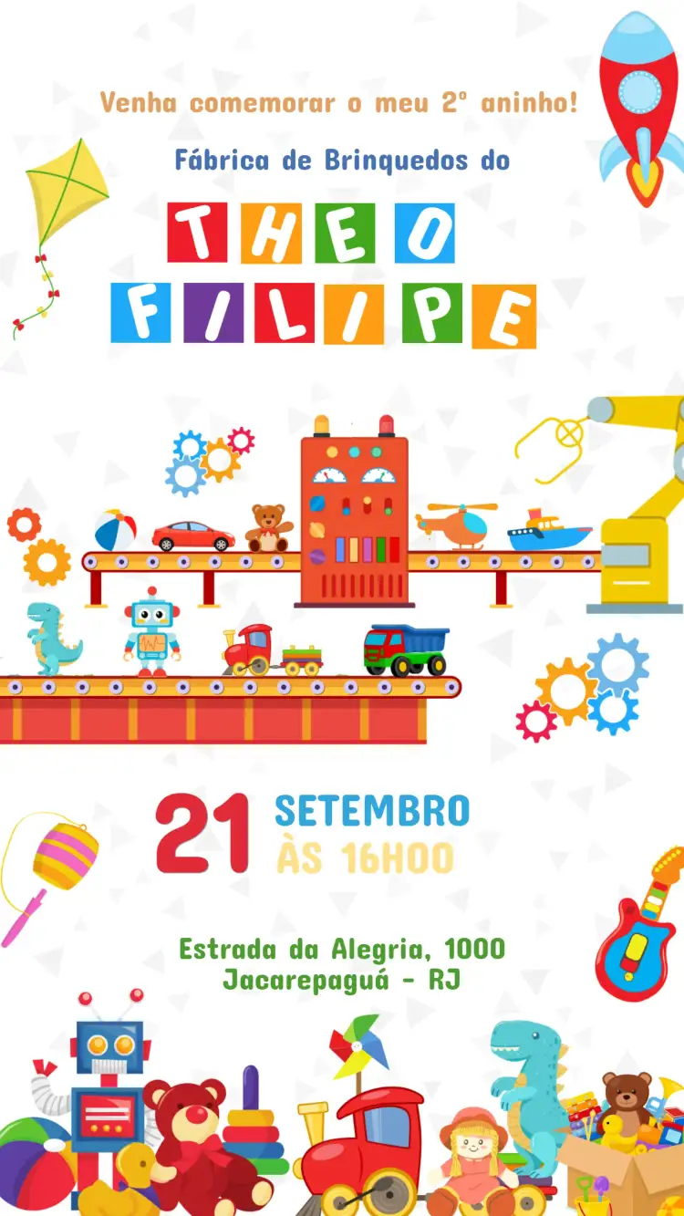 Invitación Invitación Cumpleaños Infantil FÁBRICA DE JUGUETES – tema Cumpleaños Infantil colorido, lúdico, divertido, infantil, animado