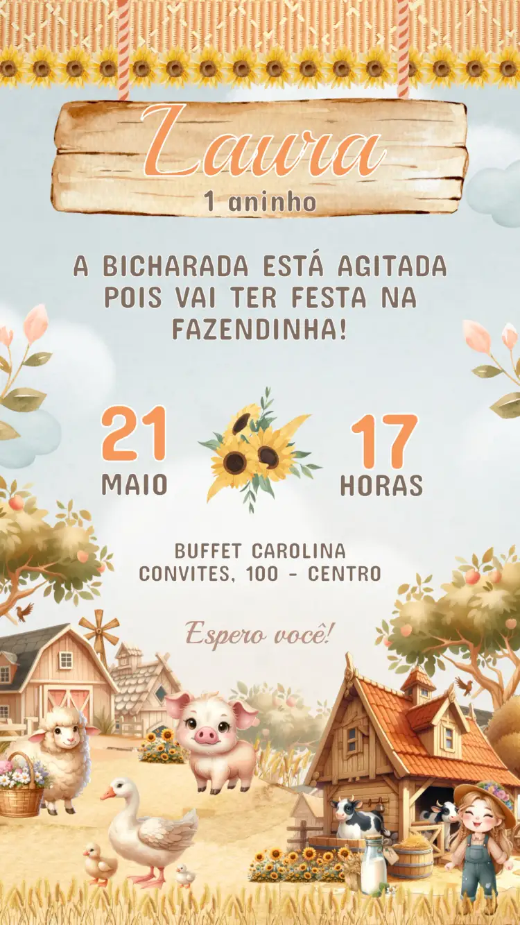 Invitación Invitación Cumpleaños Infantil Granja – tema Cumpleaños Infantil rural, colorido, divertido, ilustraciones de animales, naturaleza, alegre