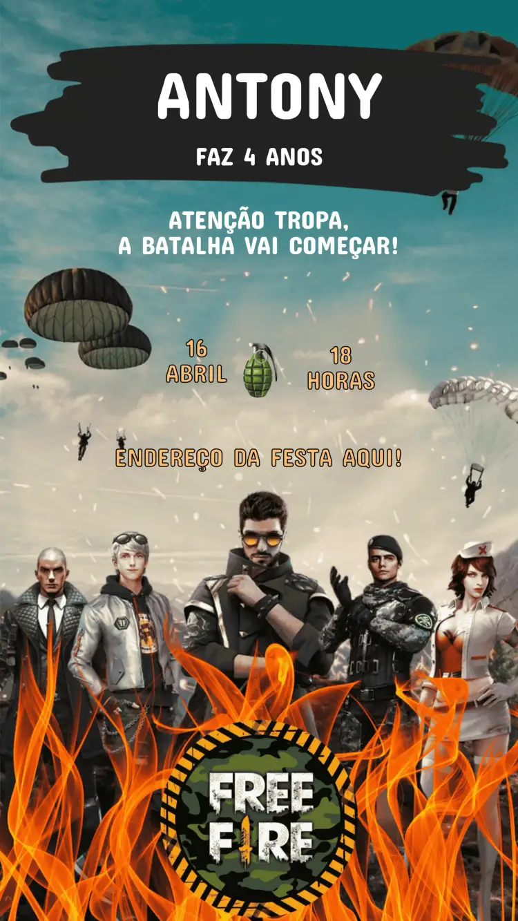 Invitación Convite Aniversário Infantil Free Fire – tema Aniversário Infantil gamer, colorido, moderno, jovem, divertido, temático