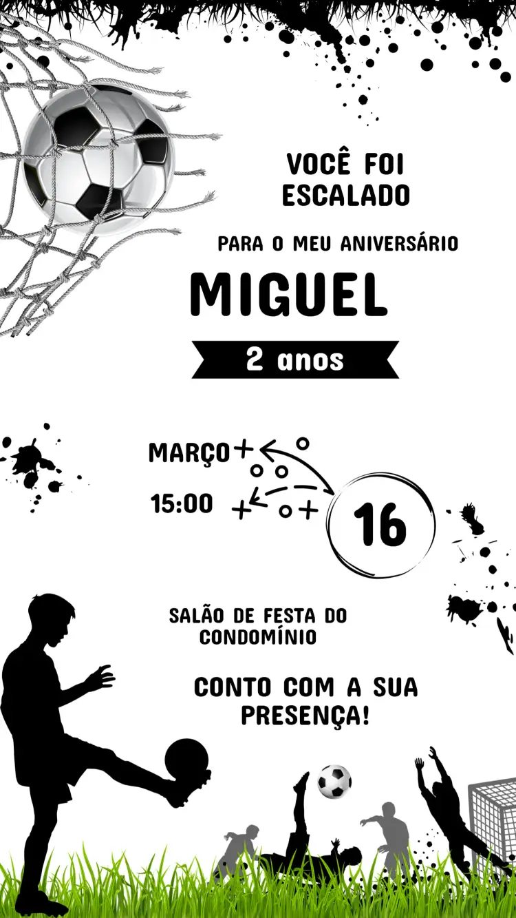 Convite Convite Aniversário Infantil FUTEBOL – tema Aniversário Infantil futebol, cores vibrantes, elementos gráficos de esporte, design alegre, estilo divertido