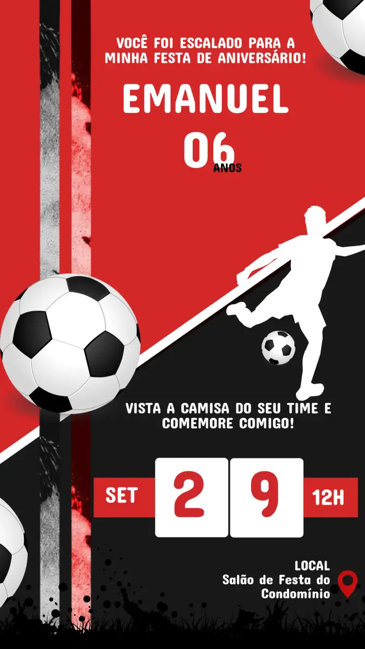 Convite Convite Aniversário Infantil FUTEBOL – tema Aniversário Infantil esportivo, divertido, vibrante, colorido, temático, moderno