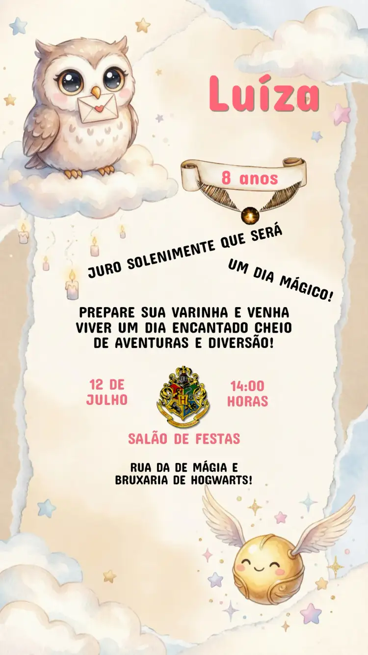 Convite Convite Aniversário Infantil Harry Potter – tema Aniversário Infantil mágico, fantasia, vibrante, colorido, ilustrações de bruxos, elementos de aventura