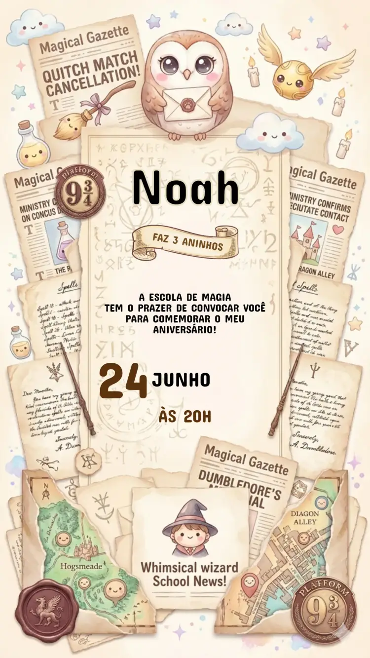 Convite Convite Aniversário Infantil Harry Potter – tema Aniversário Infantil mágico, fantasia, escuro e encantador, cores vibrantes, ilustrações de bruxaria, elementos de aventura