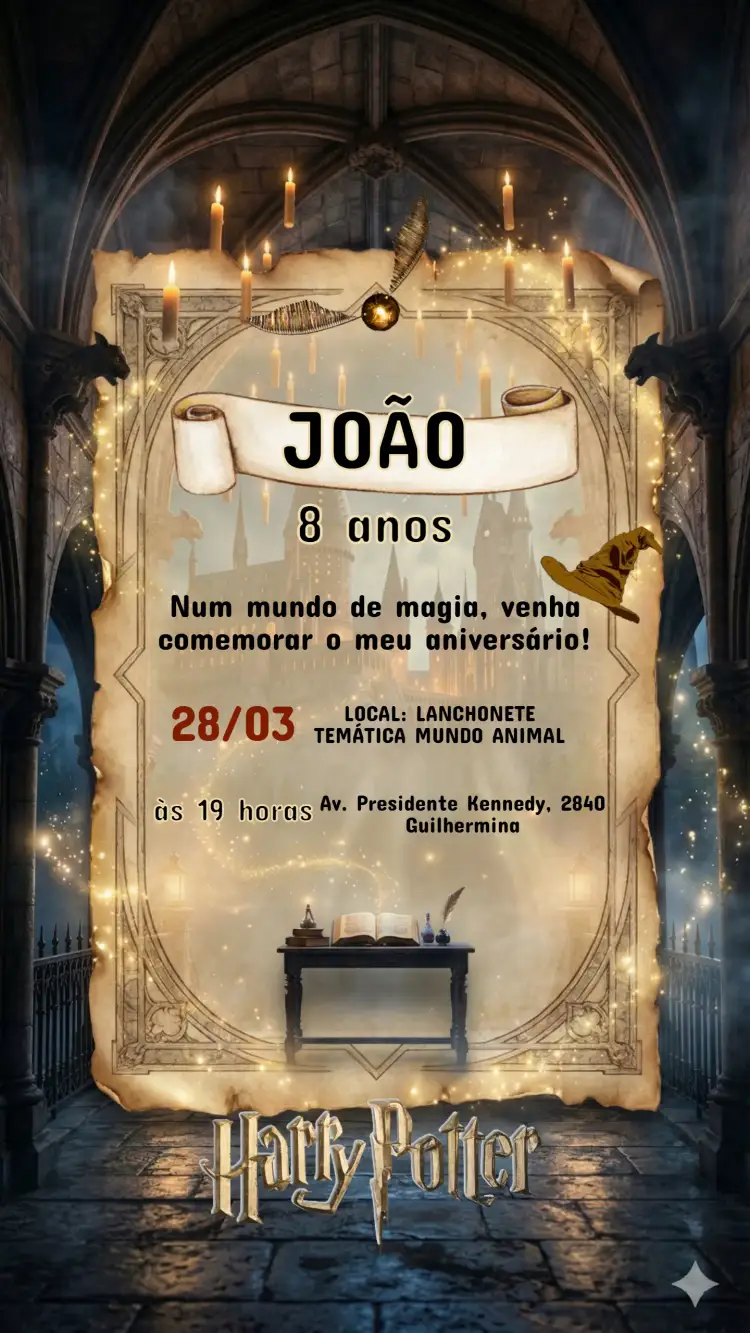 Convite Convite Aniversário Infantil Harry Potter – tema Aniversário Infantil mágico, fantasia, bruxaria, vintage, colorido, ilustrações encantadoras