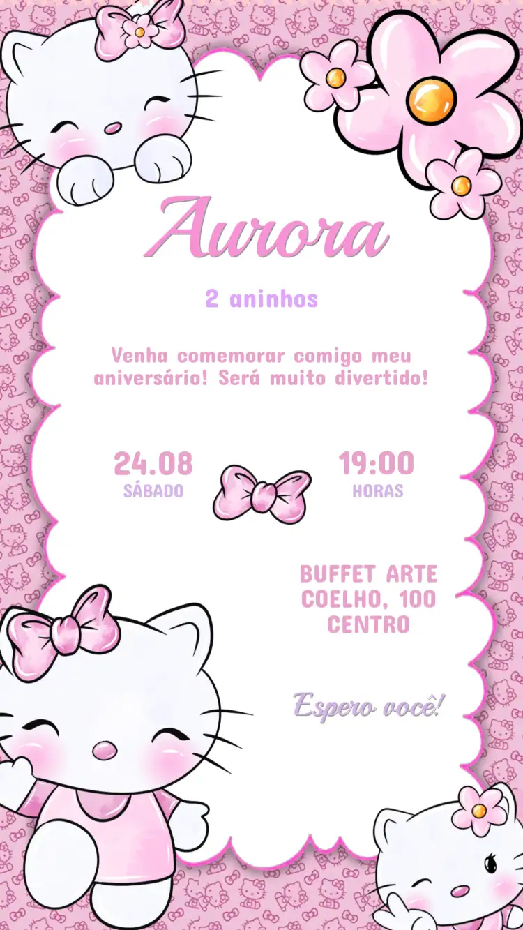 Invitación Invitación Cumpleaños Infantil Hello Kitty – tema Cumpleaños Infantil colores pasteles, estilo divertido, elementos gráficos de Hello Kitty, diseño colorido, inspirado en fiestas infantiles, toque lúdico