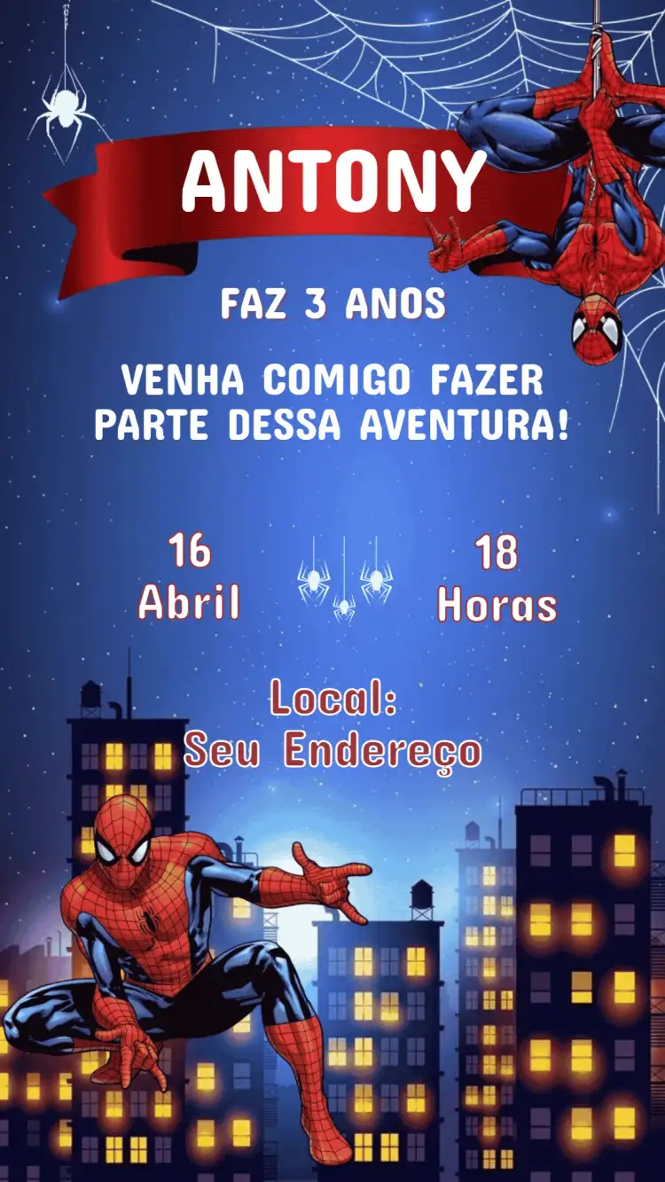 Invitación Convite Aniversário Infantil Homem Aranha – tema Aniversário Infantil colorido, divertido, moderno, super-herói, vibrante