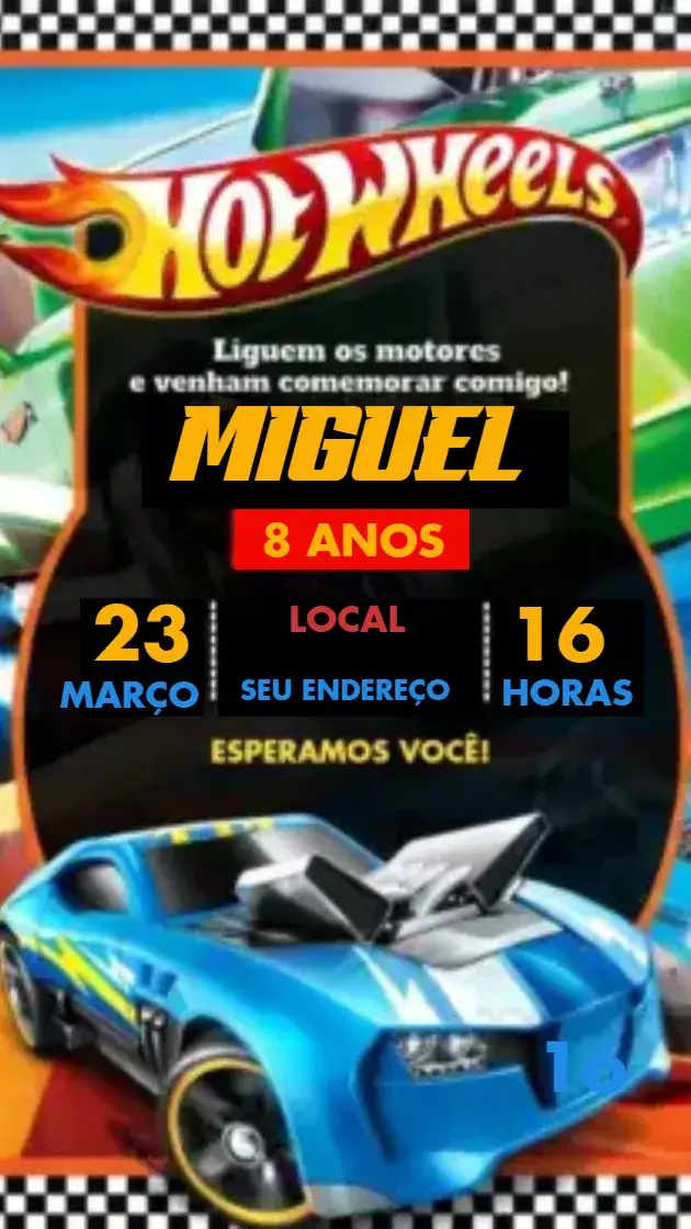 Invitación Convite Aniversário Infantil Hot Wheels – tema Aniversário Infantil colorido, moderno, dinâmico, temático, brincalhão, esportivo