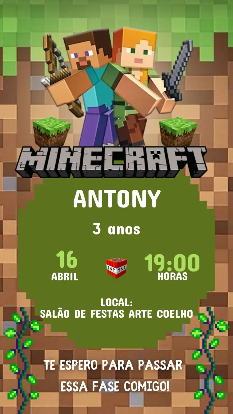 Invitación Invitación Cumpleaños Infantil MINECRAFT – tema Cumpleaños Infantil temática Minecraft, colores vibrantes, elementos gráficos del juego, diseño divertido, estilo digital moderno