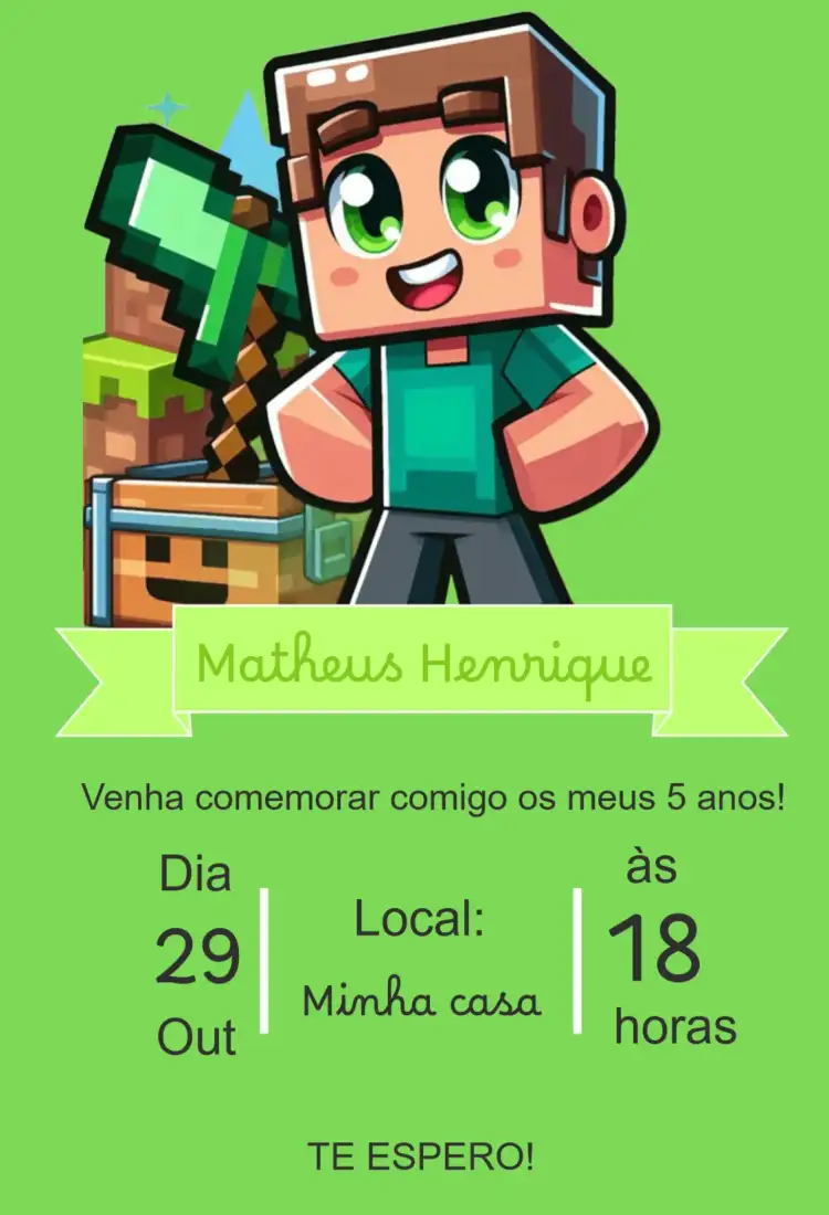 Convite aniversário infantil Minecraft