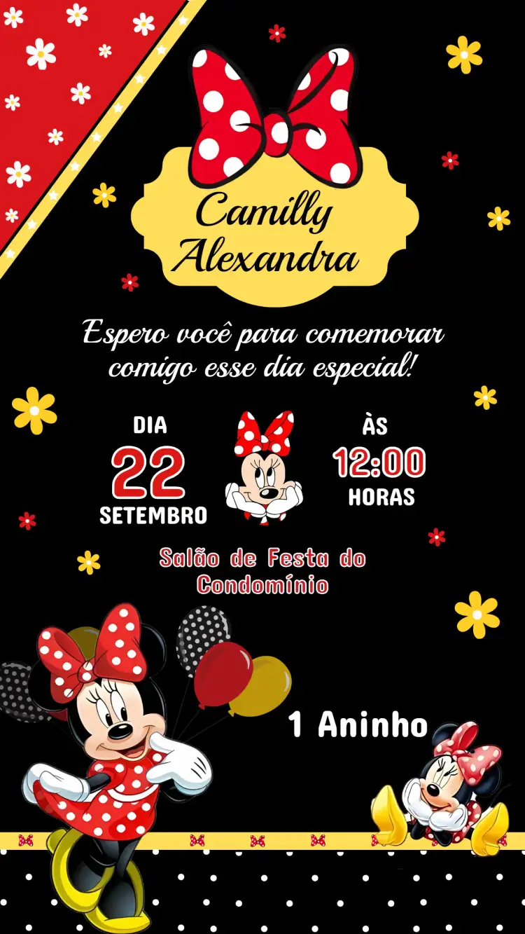 Convite Convite Aniversário Infantil Minnie – tema Aniversário Infantil cores vibrantes, estilo lúdico, elementos gráficos da Minnie, design divertido, tema rosa e preto