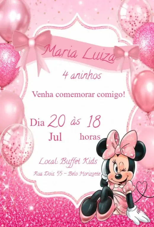 Convite aniversário infantil Minnie Rosa
