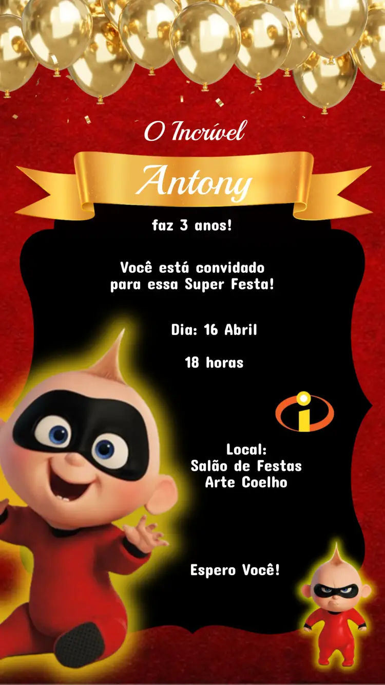 Convite Convite Aniversário Infantil OS INCRÍVEIS – tema Aniversário Infantil colorido, divertido, temático, moderno, animado