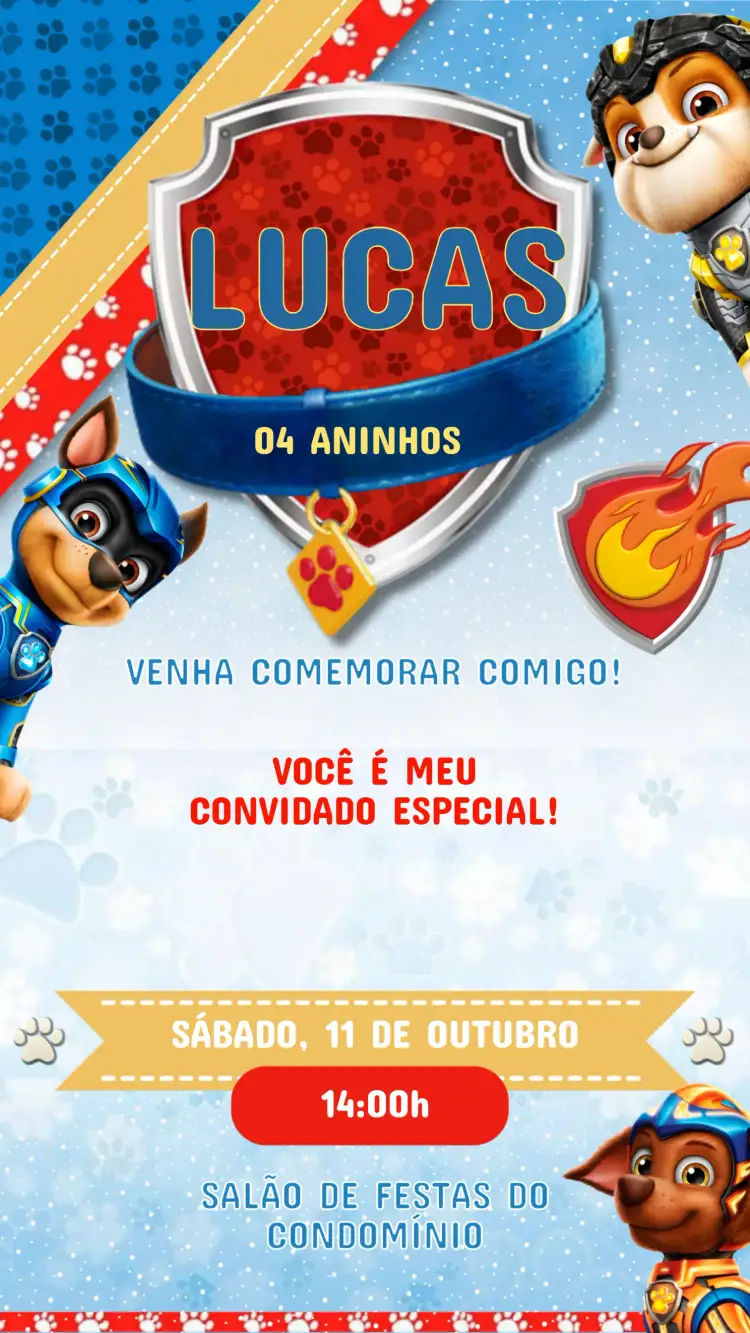 Invitation Paw Patrol Kids Birthday Invitation – Kids' Birthday Party theme vibrant blue, Paw Patrol graphic elements, childlike style, cheerful colors, fun design, dog illustrations